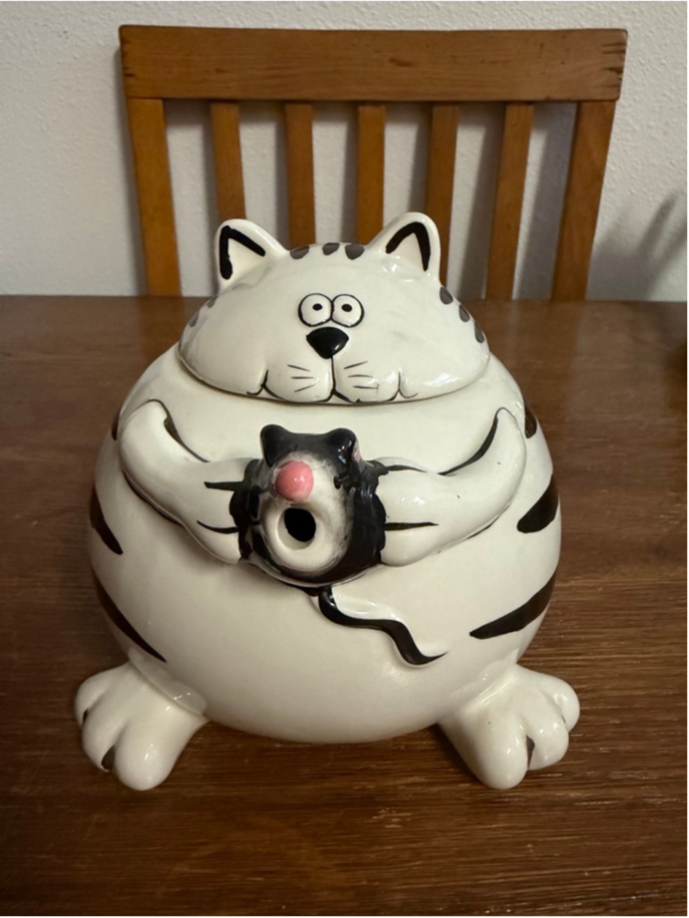 Pier 1 Imports Chubby Cat Teapot Hand Painted Dolomite Ceramic Black White Strip
